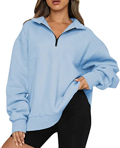 FANGJIN Damen-Sweatshirt Einfarbig Pullover Damen 1/4 Zip Oversized Mode Oberteile Herbst Plüsch Tops Himmelblau L von FANGJIN