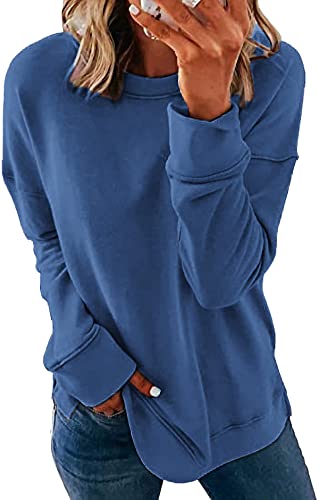 FANGJIN Pullover Damen Sweatshirt elegant Einfarbiges Langarmshirt Baumwolle Classic Basic top Rundhals-Ausschnitt Sport Kleidung Activewear für Damen (Marineblau,M) von FANGJIN