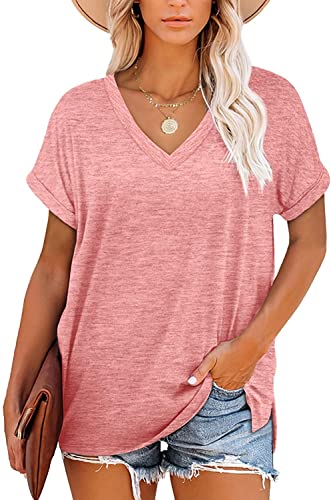 FANGJIN Damen Tshirt Langarm/Kurzarm V Ausschnitt Oberteil Sommer Basic Shirt Mittlerer Code einfarbiges Oberteil Weinmode Damenbekleidung von FANGJIN