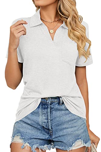 FANGJIN Damen Tshirts 2023 Polo V-Ausschnitt Kurzarm Shirts Frauen Casual Pullover Rave Oberteile Sommer Bluse weiß T-Shirts Damen locker Elegant Party Outfit eicht Weiß Tops Groß L von FANGJIN