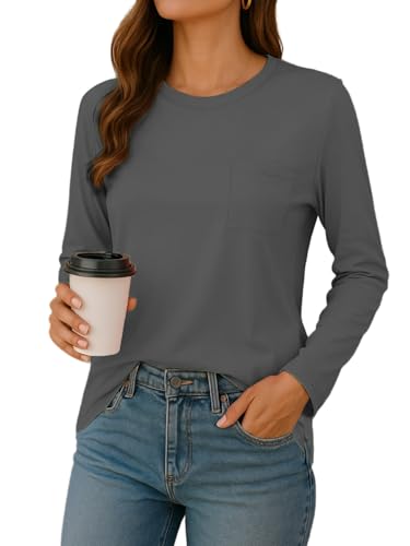 FANGJIN Damen Tshirts Langarmshirt Sport Herbst Einfarbige Oberteil Rundhals Locker Casual Sweatshirt Bluse Damen Grau Pullover Tops L von FANGJIN