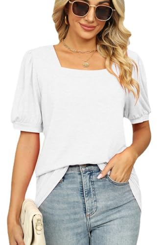 FANGJIN Damen U-Ausschnitt Kurzarm Oversize Basic Shirt Casual Frauen Pullover Oberteile Sommer T-Shirts Elegant Weiß Yoga Kleidung Klein S von FANGJIN