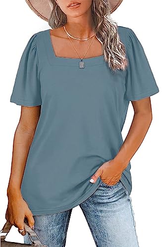 FANGJIN Damen U-Ausschnitt Tshirt Solid Kurzarm Shirt Tops Teenager mädchen Casual Pullover Oberteile Frauen Sommer T-Shirts Elegant Blau Bluse Mittel M von FANGJIN