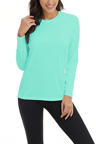 FANGJIN Damen UPF 50+ Langarmshirt Outdoor Shirt Skincare Leicht Oberteile Raglan-T-Shirt lockerer Schnitt Sonnenschutz Unterhemd Klamotten Surfanzug Tops Deep Lake Blue L von FANGJIN