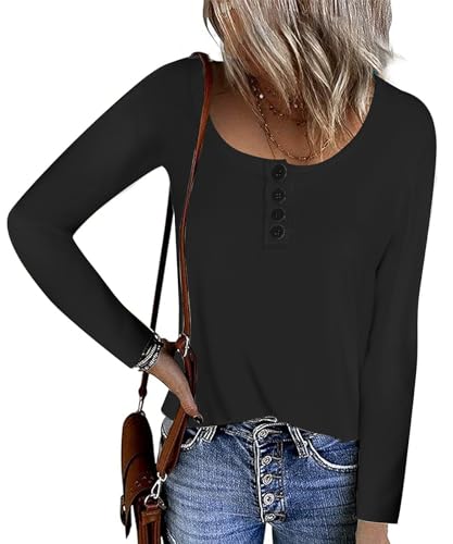 FANGJIN Damen einfache Langarmshirt Pullover Botton V-Ausschnitt Oberteil Lange Ärmel T-Shirt Langarmshirt mit Knöpfen Henley Shirt Lässige Tops Shirt Rundhalsausschnitt Herbst L von FANGJIN