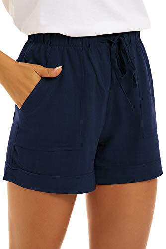 FANGJIN Damen große Lounge-Hose elastische Taille niedliche Reise Leinen Strand tragen Kurze Overalls Gürtel leichte Kordelzug Sommerlaufhose Navy blau L von FANGJIN