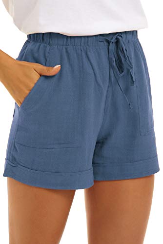 FANGJIN Damen Große Lounge Hose Elastische Taille Süße Reise Leinen Shorts Damen Sommer Gürtel Kordelzug Sommerlaufhose Dusty Blau XXL von FANGJIN