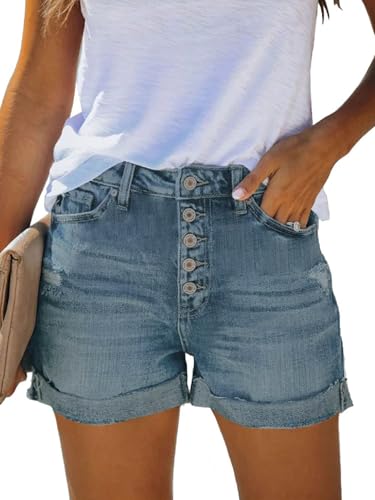 FANGJIN Damen mittelhoher Taille Denim Kurze Hose Distressed Zerrissener Jeans Destroyed Sommer Hot Pants Hellblau L von FANGJIN