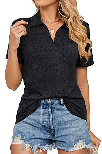 FANGJIN Damen modern 2023 Sommer Shirt Pullover v Ausschnitt Solid Kurzarm T Shirt Casual sommertop Baseball Oberteile Elegant Schwarz Festival Outfit XX-Large XXL von FANGJIN