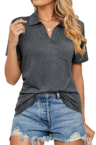 FANGJIN Damen modern Sport Polo Tshirt Kurzarm Laufshirt Casual Sommerbluse Pullover Oberteile Sommer T-Shirts Elegant Grau XX-Large XXL von FANGJIN