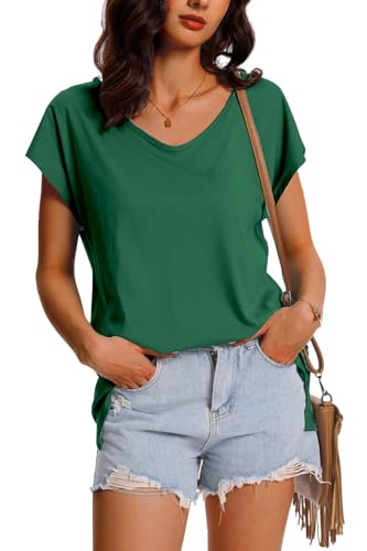 FANGJIN Damen v Ausschnitt Sommer Basic t-Shirts Sport Kurzarm Shirt Frauen Casual Oberteile Fashion Sommerbluse Tops Grün XXL von FANGJIN