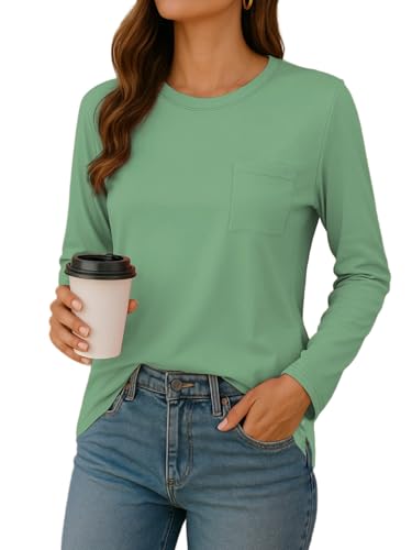 FANGJIN Herbst Pullover Damen Rundhals Tshirt Tunika Frauen Lässige Oberteile Sportshirt Langarm Oberteile Winter Erbsengrün L von FANGJIN
