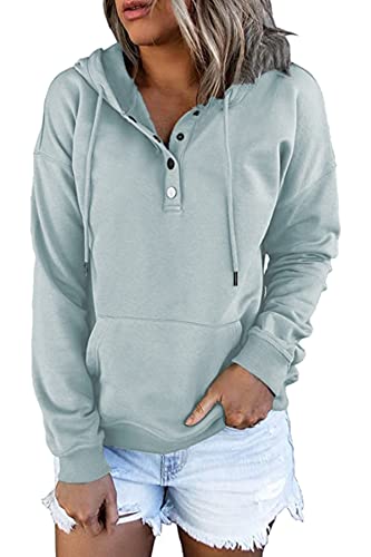 FANGJIN Kapuzenpullover Damen Einfarbig Sport Hoodie Langarm Business Outfit V-Ausschnitt Pullover Knopfleiste Henley Sweatshirt mit Kapuze Kordelzug Oberteil Grau Oberteile L von FANGJIN