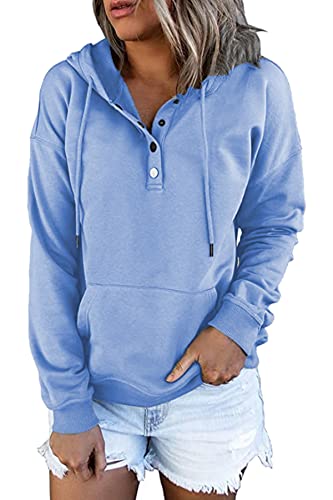 FANGJIN Kapuzenpullover Damen Hoodie Langarm elegant V-Ausschnitt Pullover Knopfleiste Oversize Henley Sweatshirt mit Kapuze Kordelzug Oberteil Blau Tops y2k Streetwear S von FANGJIN