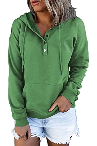 FANGJIN Kapuzenpullover Damen Hoodie Oberteil Langarm Fleece V-Ausschnitt Pullover Knopfleiste Henley Sweatshirt mit Kapuze Kordelzug Tops Grün Outdoor Bekleidung für Damen im Herbst und Winter L von FANGJIN