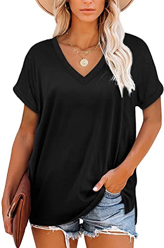 FANGJIN Kurzarm Loose Top Schwarze Bluse Damen Kurzarm V-Ausschnitt Mode Sweatshirt Tunika Sommer Tshirt Sport und Freizeit Shirts Schwarz S von FANGJIN