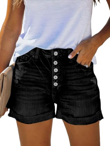 FANGJIN Kurze Hose Damen Sommer Ripped high Waist Destroyed Zerrissene Jeans Stretch Jeans Leichte Shorts Schwarze L von FANGJIN