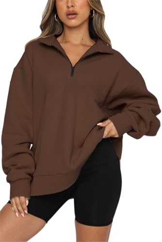 FANGJIN Oberteile Damen Activewear-Shirts & blusen für Sweatshirt Frauen Oversized Casual Sweater Einfarbig Workout Pullover Plüsch Top Braun M von FANGJIN