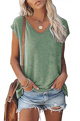 FANGJIN Oberteile Damen Sommer T-Shirt Casual Einfarbiges V-Ausschnitt Sportshirt Basic Shirt Kurzarm Tops Elegant Bluse Erbsengrün Reise Essentials Shirt X-Large XL von FANGJIN