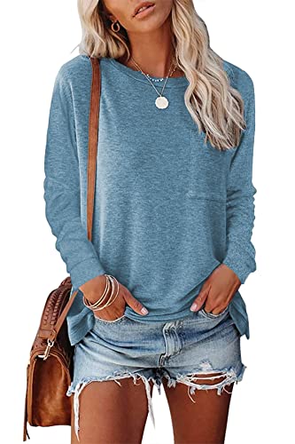 FANGJIN Oberteile Damen Sommer T-Shirt Ladies Casual Rundhals Ausschnitt Langarm Sport und Freizeit Shirts Herbst Winter Elegant Tops Teenager mädchen Blau Tunika Shirt X-Large XL von FANGJIN