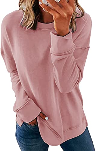 FANGJIN Pollover Damen Sweatshirt Modern Rundhals Langarmshirt Herbst Langarm Henley Shirt für Damen Leichtgewicht Oberteile Rosa Tops Groß(44 46) von FANGJIN