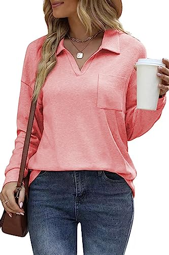 FANGJIN Poloshirt Damen Langarm Tops Casual Pullover Oberteile Herbst und Winter Herbst T-Shirts Elegant Kleidung Rosa Heavy Polo-Shirt XX-Large XXL von FANGJIN