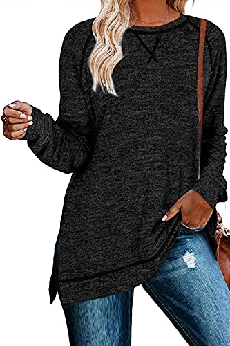 FANGJIN Pullover Damen Longshirt schwarzer Oversize Tshirt Casual Solid Langarm T-Shirt festlicher Longpullover Frauen Mode frühling Schwarz Sportshirt Größe（38 40） L von FANGJIN