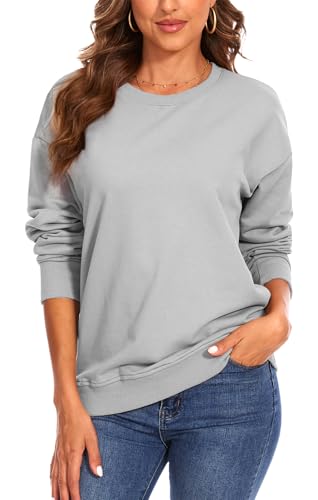 FANGJIN Pullover Sweatshirt Damen Winter Einfarbig Rundhals Sweatshirt Longpullover Oversize Langarmshirt Grau Oberteile 2024 Herbst Activewear blusen & Tuniken für Damen Mittel(40 42) von FANGJIN