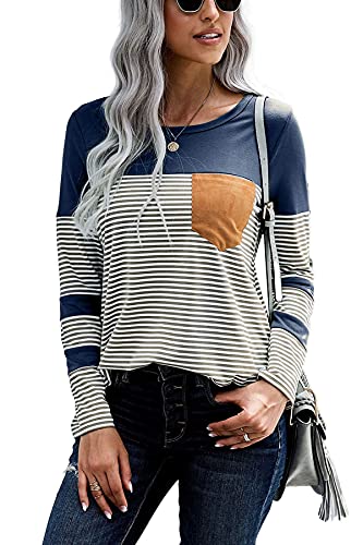 FANGJIN Pullover für Damen Damen Bluse Shirts Damen T-Shirt Damen Langarmshirt Damen T Shirts Damen Blusen Langarmshirts für Damen Pullover Damen Blau Größe M von FANGJIN