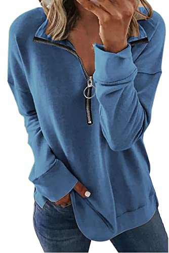 FANGJIN Sweatshirt Damen Pollover Oversize Half Zip Tops Herbst Winter Oberteile Langarm Henley Shirt für Frauen hodies Leichtgewicht Mode Outfits Winter Kleidung 2024 (Marineblau,L) von FANGJIN