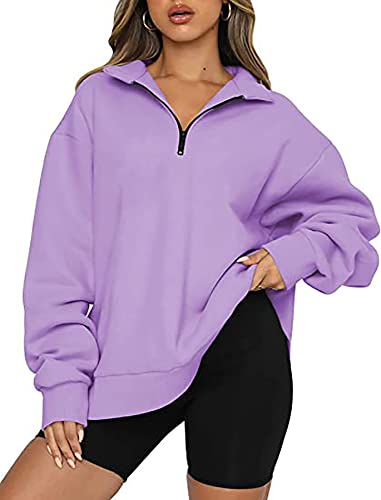 FANGJIN Sweatshirt für Frauen Oversized Casual Sweatshirt Einfarbig Workout Pullover lilaes Plüsch Top lila XL von FANGJIN