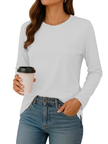 FANGJIN T Shirt Damen Sport Casual Tshirt Einfarbige Oversize Pullover Damen Herbst Loong Sleeve Shirts Sweatshirt Bluse Weiß Damen 2024 XXL von FANGJIN