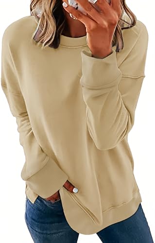 FANGJIN Tops für Damen Modern Einfarbig Rundhals Sweatshirt Casual Longpullover Oversize Oberteil Frauen Pullover Langarmshirt Longshirt Beige Bekleidung X-Large(48 50) von FANGJIN