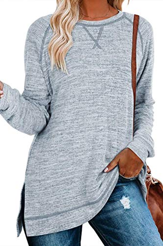 FANGJIN Tshirt Damen Oversize Oberteile Basic Longshirt Frauen Party Outfit Casual Solid Langarm T-Shirt Blau schicke Festliche blusen Rave Oberteil Größe（38 40） L von FANGJIN