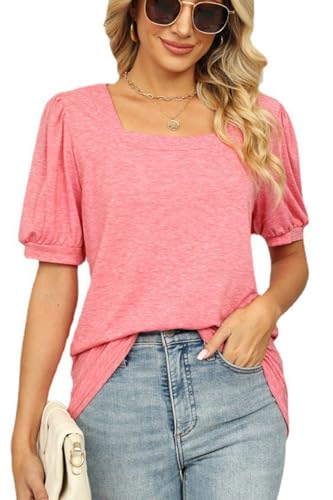 FANGJIN Tshirt Damen Sommer Poloshirt U-Ausschnitt sexy Cute Kurzarm T Shirt Casual Pullover Oberteile Sommer T-Shirts Elegant Rosa XX-Large XXL von FANGJIN