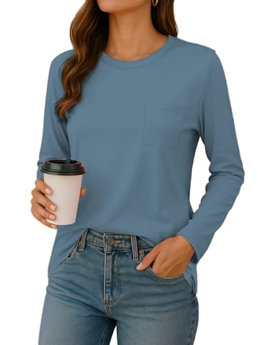 FANGJIN Langramshirt Damen Rundhal dünne Pullover Elegant Langarm Slim Fit Einfarbig Oberteile Freizeit T-Shirt Bottom Herbst Winter Tuniken Blue mit Taschen Basic Casual Tops M von FANGJIN