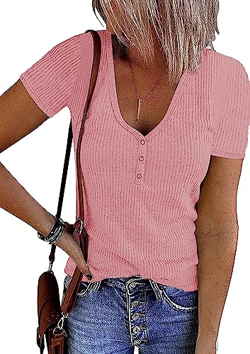 FANGJIN Tunika Damen Sommer Tshirt Kurzarm Shirts Mit Knöpfen Oberteil Sommer Blusen lose kurzärmelige Top T-Shirt niedliches Sweatshirt Rosa L von FANGJIN