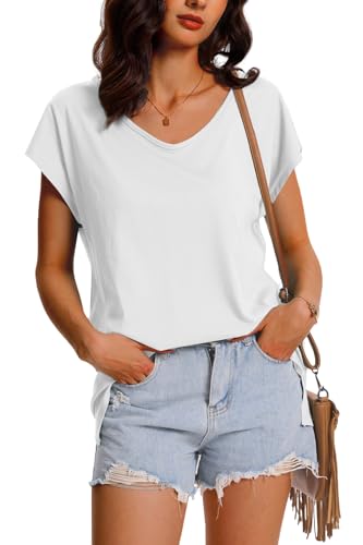 FANGJIN Weisses t Shirt Damen Kurzarm Basic Shirt Frauen Casual v Ausschnitt Pullover Oberteile Sommer T-Shirts XXL von FANGJIN