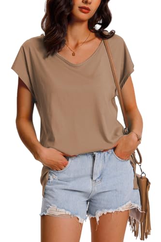 FANGJIN t-Shirt Damen Sommer V-Ausschnitt Shirt Kurzarm Sleeve Tops Frauen Casual Pullover Oberteile Cute Elegant Khaki Tunika Groß S FANGJIN t-Shirt Damen Sommer V-Ausschnitt Shirt Kurzarm Sleeve Tops Frauen Casual Pullover Oberteile Cute Elegant Khaki Tunika Groß S von FANGJIN