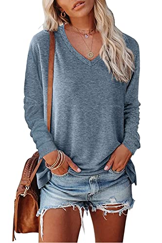 FANGJIN t-Shirts für Damen Pullover Oversize Einfarbig Oberteile Frau Tshirt Lang Langarmshirt Frühlings Winter T-Shirt Bluse Elegant Longshirt Blau M von FANGJIN