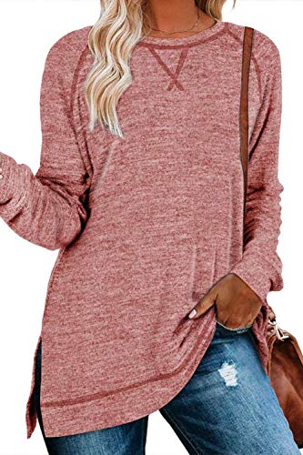 FANGJINDamen Casual Solid Langarm T-Shirt Frauen Longshirt Damen Langarm laessig Tops Pullover Baumwolle Sweatshirt Damenmode elegant Shirts Rosa Größe（34 36） S von FANGJIN