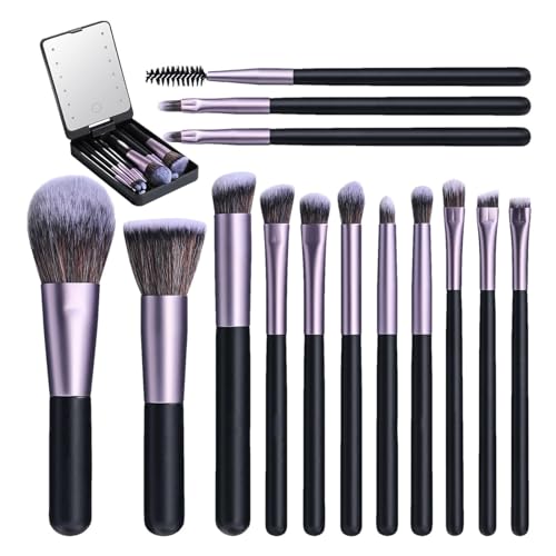 FANGZ Reise-Make-up-Pinsel,Reise-Make-up-Pinsel-Set - 14-teilige kleine tragbare Make-up-Pinsel-Sets für Frauen | Kompakte LED-Spiegel-Make-up-Pinsel-Werkzeuge mit Aufbewahrungskoffer für Frauen von FANGZ