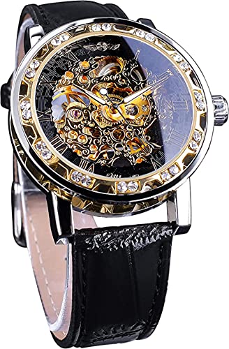 FANMIS Klassische Herren Skelett Automatische Mechanische Uhren Luxus Schnitzen Blume Handwerk Uhr mit Edelstahl Wasserdicht Armband Armbanduhr, C Schwarz, Automatische Uhr, mechanisch von FANMIS