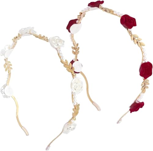 FANNAS 2 Stück Rose Haarband Rot Weiß Dirndl Haarschmuck Damen Perlen Haarband Blumenkranz Haare Kinder Haarreifen mit Blumen Mädchen Eleganter Haarschmuck,für Partys,Feste,Hochzeiten,Reisen von FANNAS