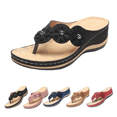 FANOIES Orthopädische Damen-Sandalen mit Fußgewölbeunterstützung, Blumen, Clip-Toe, bequeme Plateau-Sandalen, Schuhe, lässige Flops, Hausschuhe, Schwarz , 35 EU von FANOIES