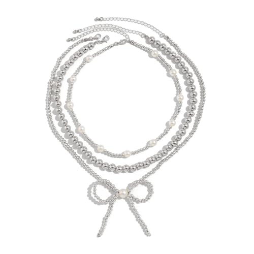FANSHINUO Elegante Perlen-Halskette mit Anhänger, auffällige Perlen-Halskette mit Schleifen-Anhänger, trendige Halskette für Partys, as the pic show, Metall von FANSHINUO
