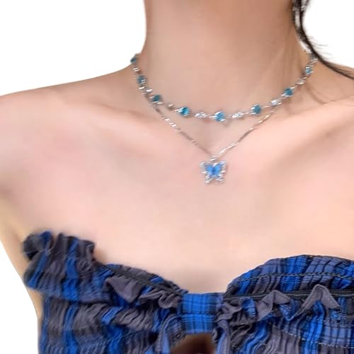 FANSHINUO Elegantes Kristall-Zirkonia-Halsketten-Set mit blauen Schmetterlingen, Statement-Kette, stilvoller Party-Hochzeitsschmuck für Damen von FANSHINUO