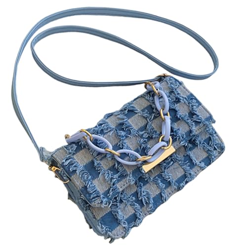 FANSHINUO Modische Damen-Handtasche mit Kettengriff, Used-Look, Denim, Quasten, Schultertasche, kariert, Jeans, Klappe, Crossbody, Geldbörse, multifunktionale Umhängetasche, blau, One Size FANSHINUO Modische Damen-Handtasche mit Kettengriff, Used-Look, Denim, Quasten, Schultertasche, kariert, Jeans, Klappe, Crossbody, Geldbörse, multifunktionale Umhängetasche, blau, One Size von FANSHINUO