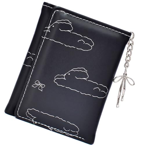 FANSHINUO Modische Mädchen-Schleifen-Geldbörse, ästhetisch, kleiner Kartenhalter, dreifach gefaltete Münzgeldbörse, Bargeldfach mit transparentem Fenster für Frauen, modische Damengeldbörse, Schwarz von FANSHINUO