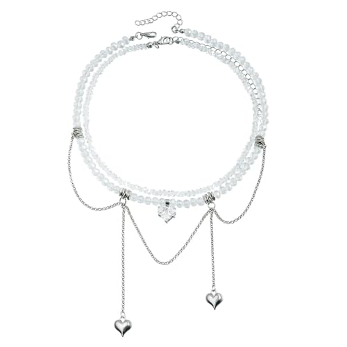 FANSHINUO Stilvolle herzförmige Zirkonia-Halskette mit Doppelketten-Quasten-Design für elegante und romantische Stile von FANSHINUO